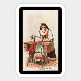 Vintage sewing machine advertisement with woman Sticker